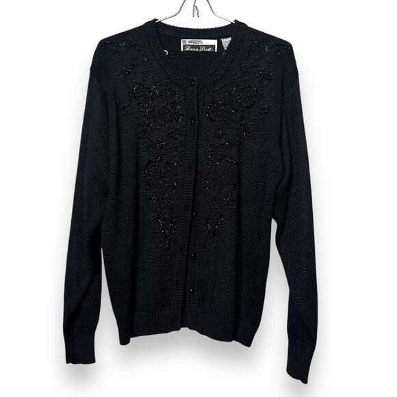 Vintage 80s Size Medium Black Beaded Cardigan Sweater Retro Style Rockabilly - Picture 1 of 11